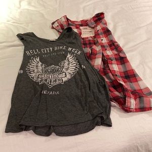 Separate Grey Graphic Tank Top and sleeveless Gingham shirt (Both M)